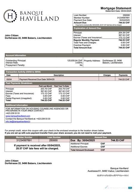 Download Liechtenstein Banque Havilland mortgage statement Word and PDF template Photoshop template